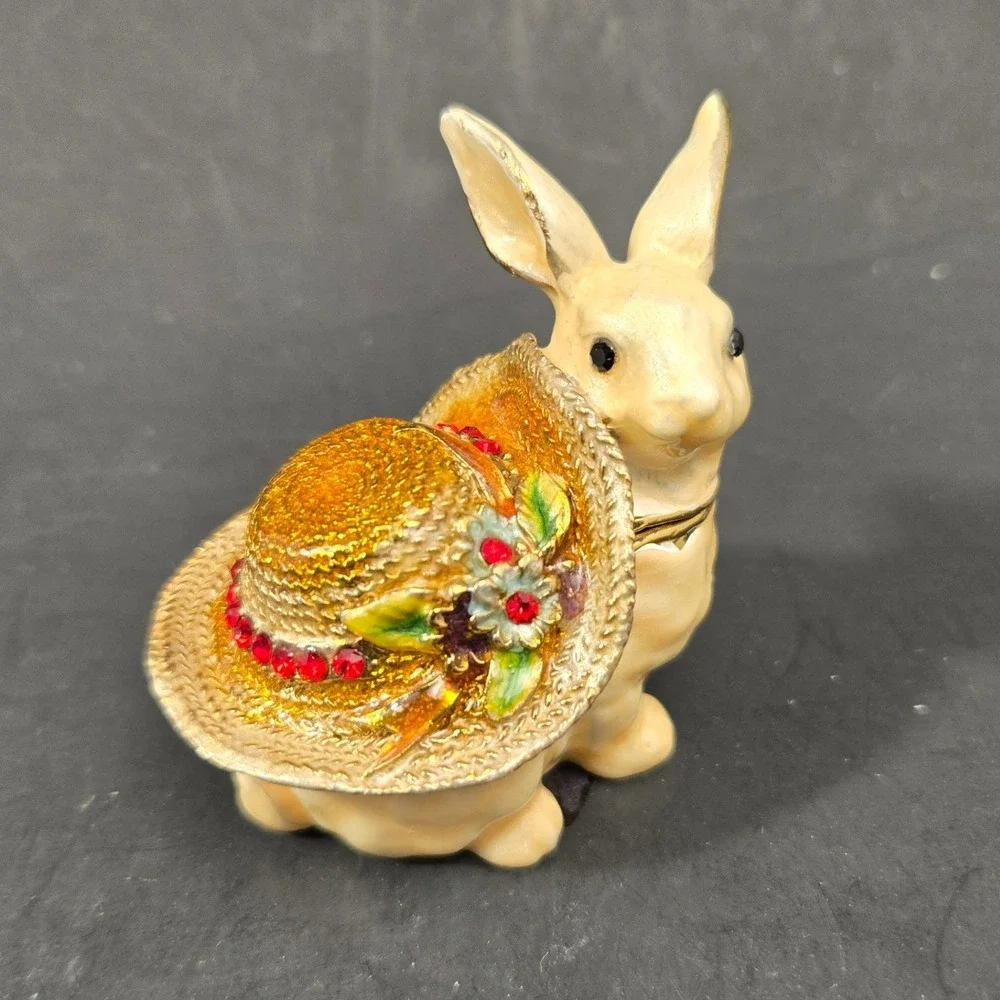 Enamel Bunny Rabbit Trinket Box Jeweled Hinged Straw Hat Figurine Gold Tone
